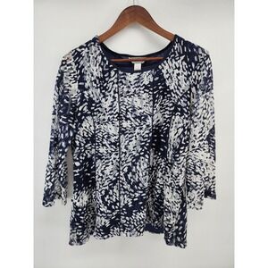 CJ Banks Navy White Abstract Lace 3/4 Sleeve Lined Top Womens Size X NEW